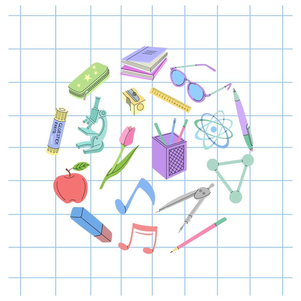 Back to School, flat style school supplies, sketch set in a circle. School object collection. Education Concept. Back to School. vector