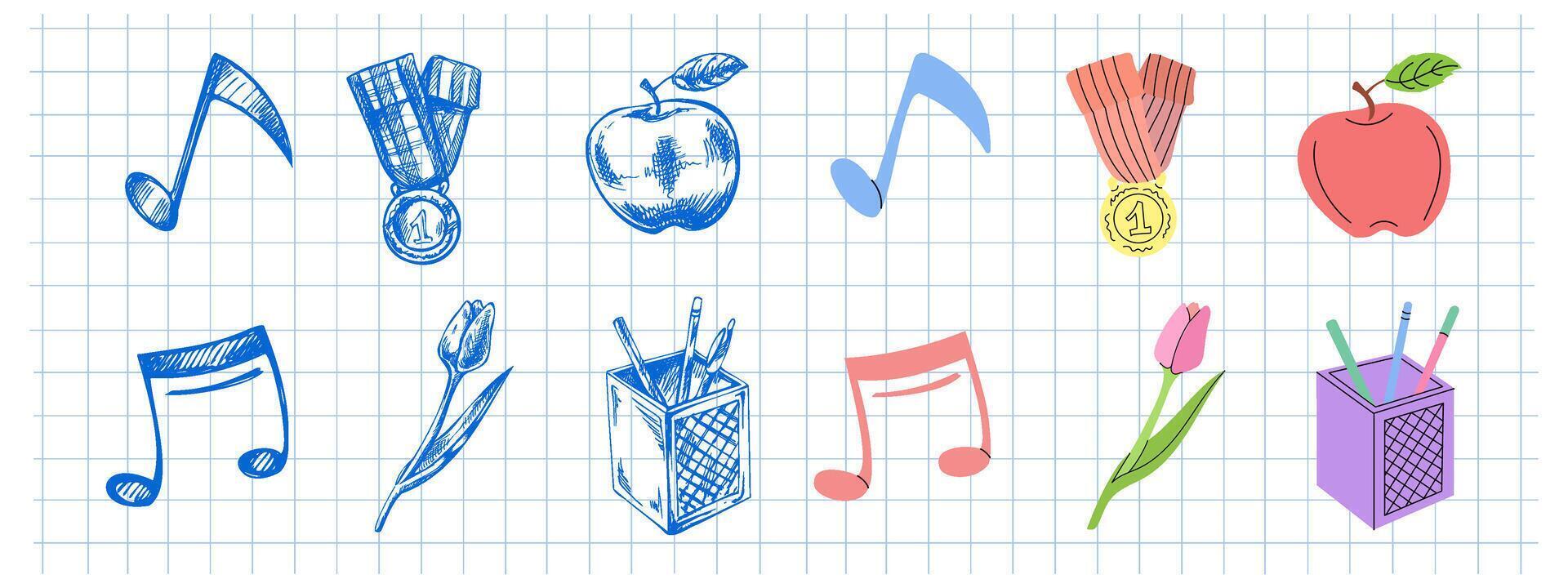 Back to School, flat and sketch style school supplies set. School object collection. Education Concept. Back to School. vector