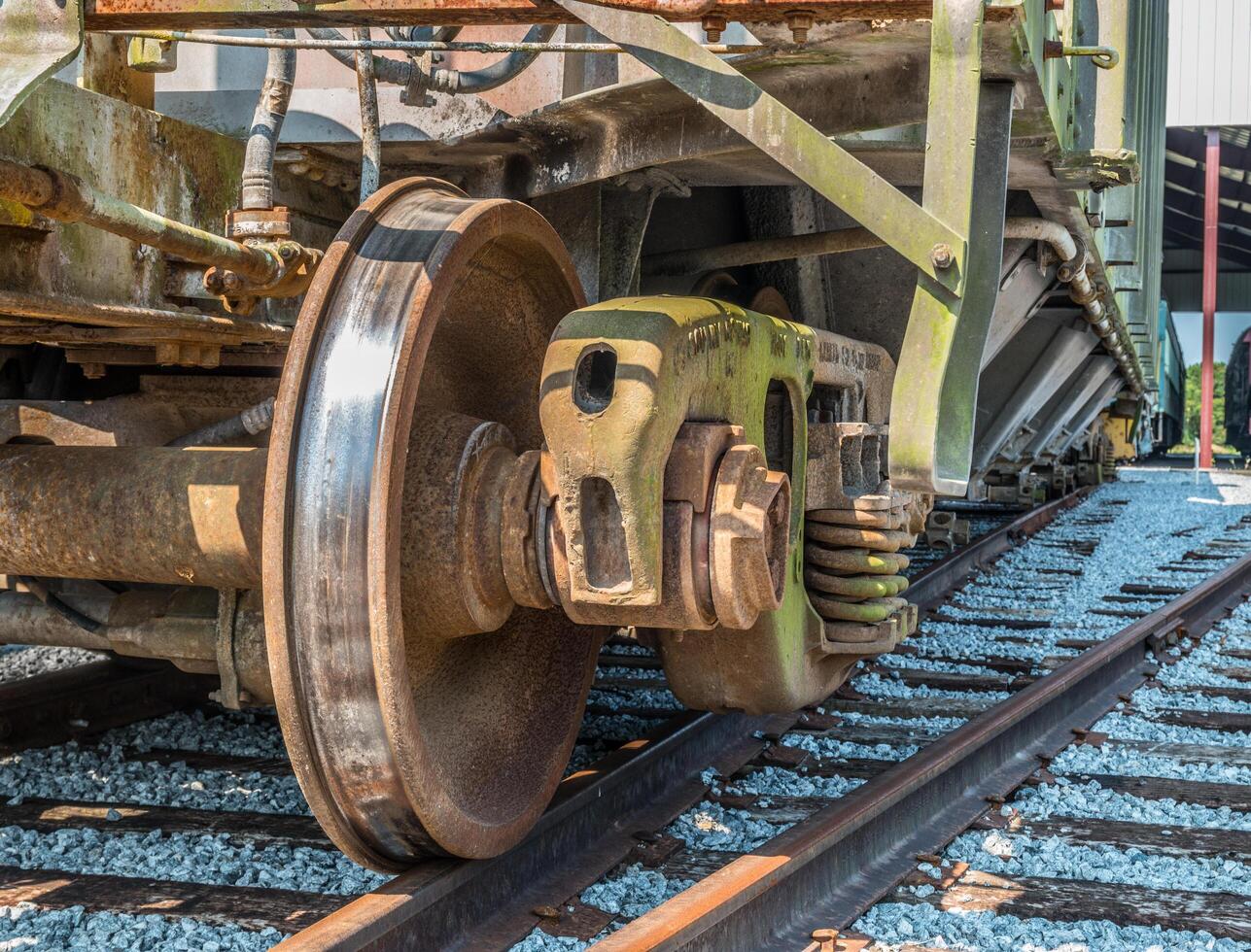 Railroad wheel truck or bogie closeup photo