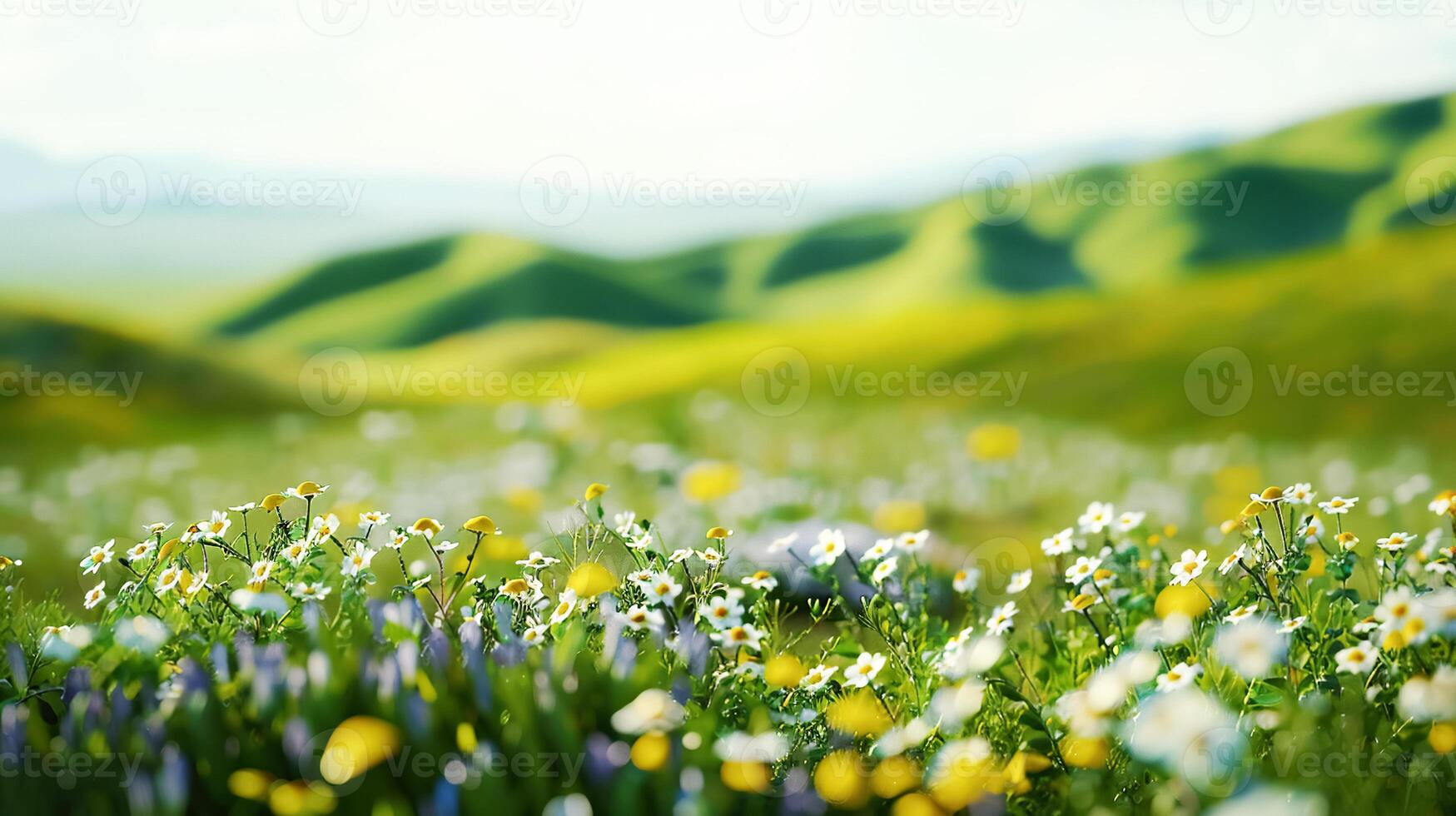 A vibrant meadow filled with vibrant wildflowers, set against backdrop of rolling green hills and distant mountains under clear blue sky. Natural background, copy space, banner photo