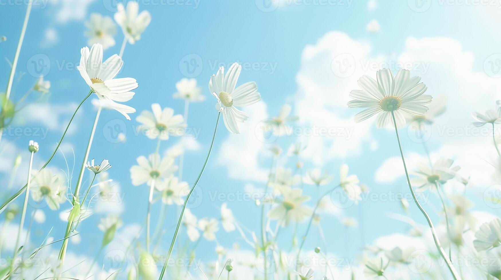 Daisies blooming under bright blue sky with fluffy clouds in background, concept for fun and serene summer day. Copy space, banner photo