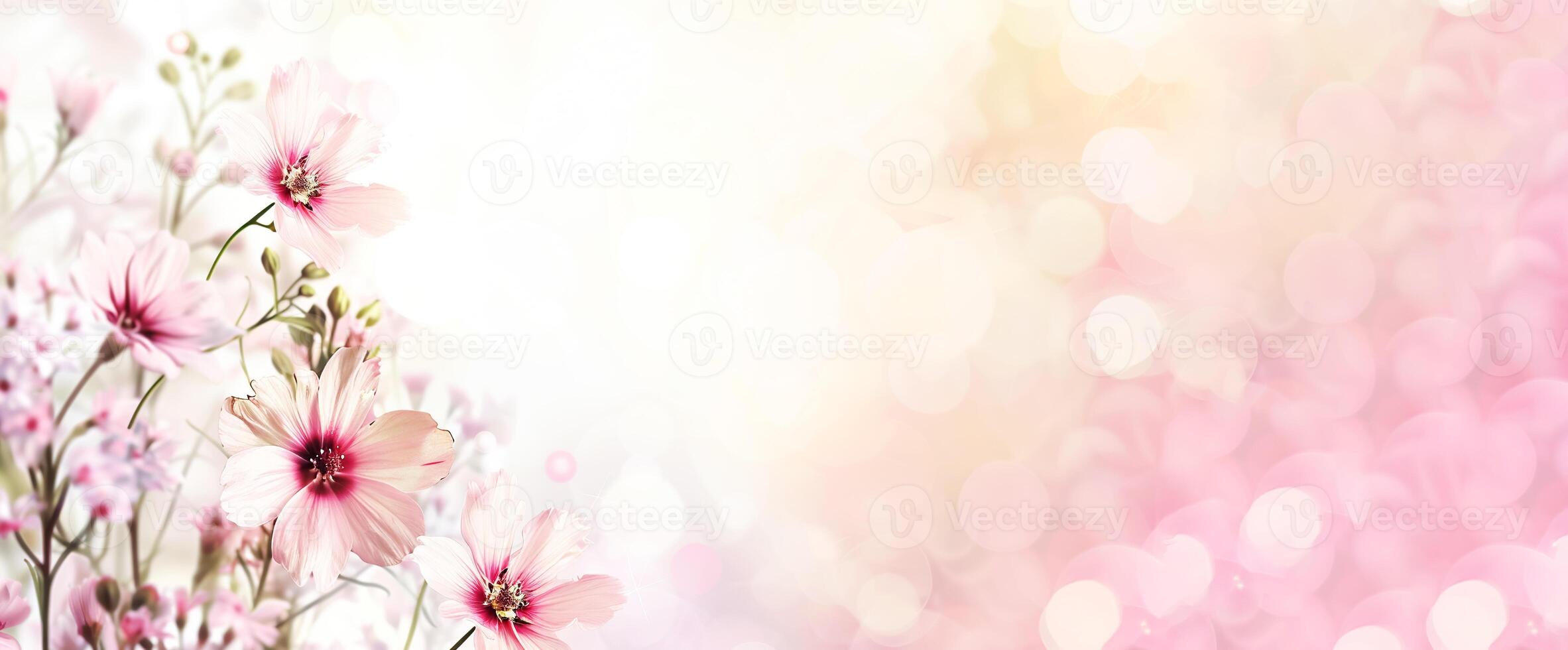 Delicate pink flowers in full bloom against soft dreamy background with bokeh lights create romantic and serene spring atmosphere. Summer nature background, copy space photo