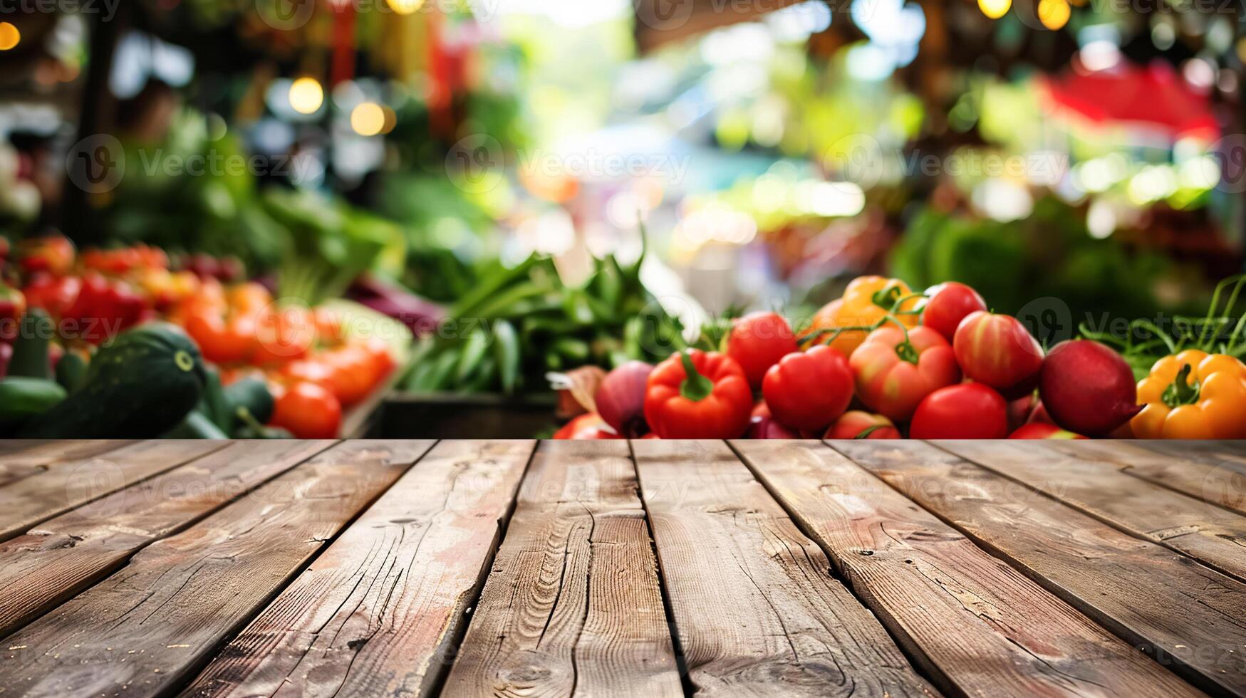 A variety of fresh vegetables including tomatoes, broccoli, basil and garlic displayed on a wooden table in a busy market setting photo