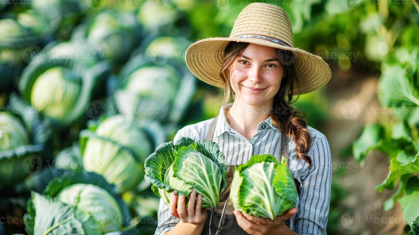 A young woman in a straw hat holds fresh cabbage in a green vegetable field and smiles at the camera. Harvesting, organic natural products photo