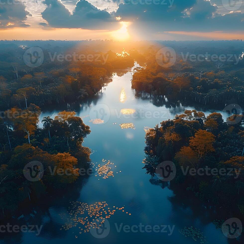 Footage of green forest in autumn with a river photo