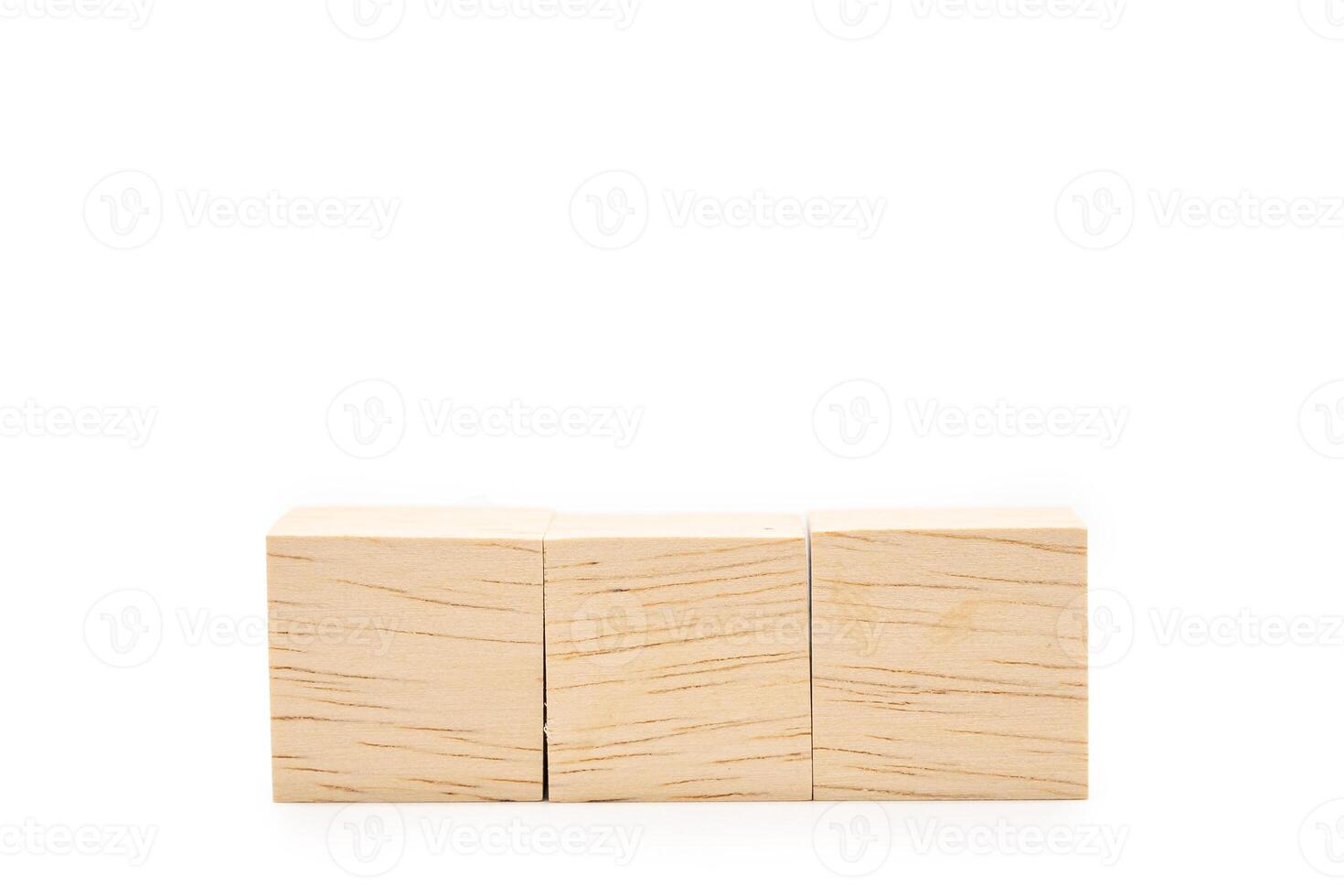 Three blank wooden blocks isolated on white background. Empty wooden cubes for text. Copy space and Clipping Path photo