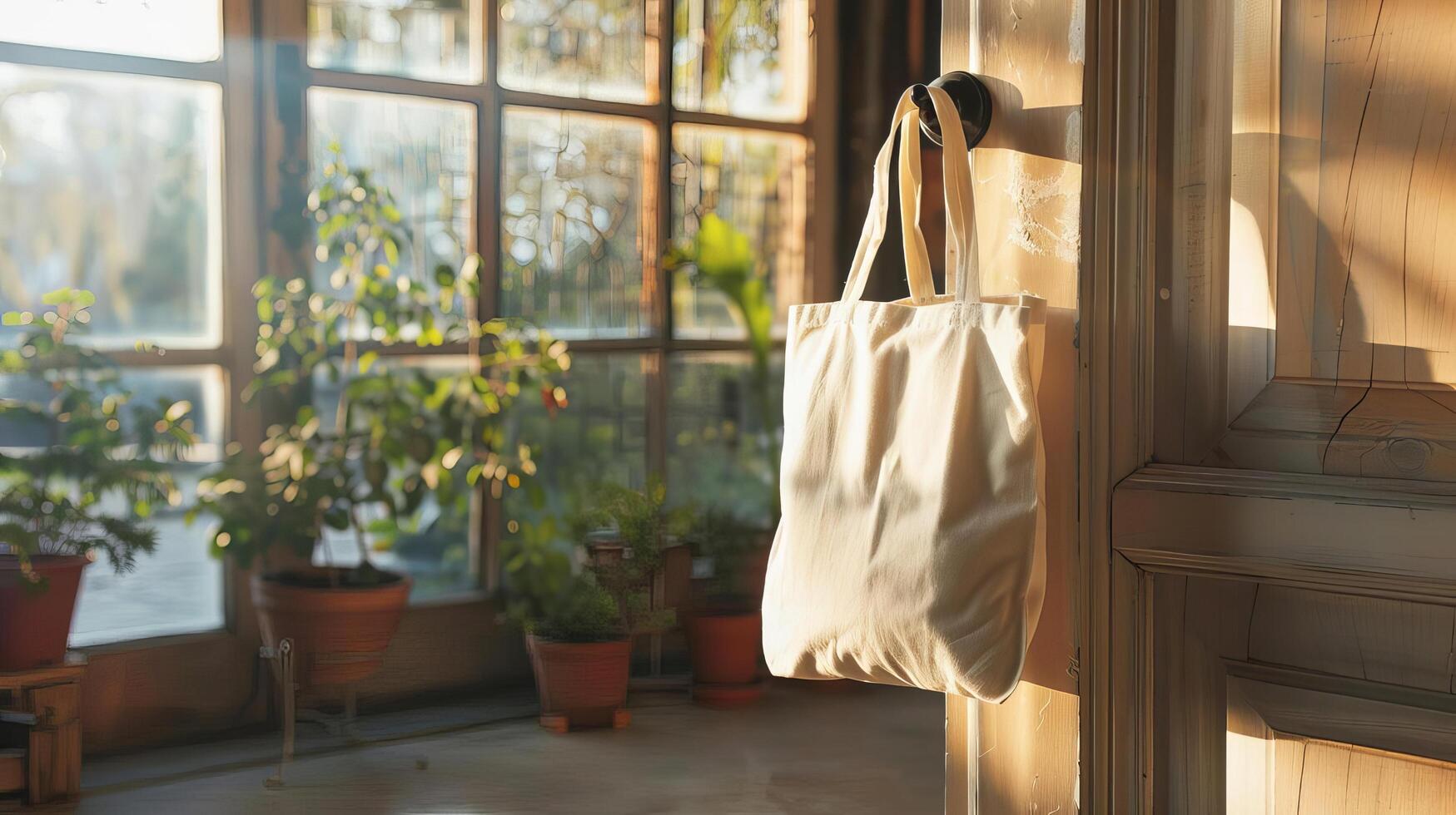 A clean reusable bag hanging on a doorknob in a sunlit room, ready for eco-friendly branding photo