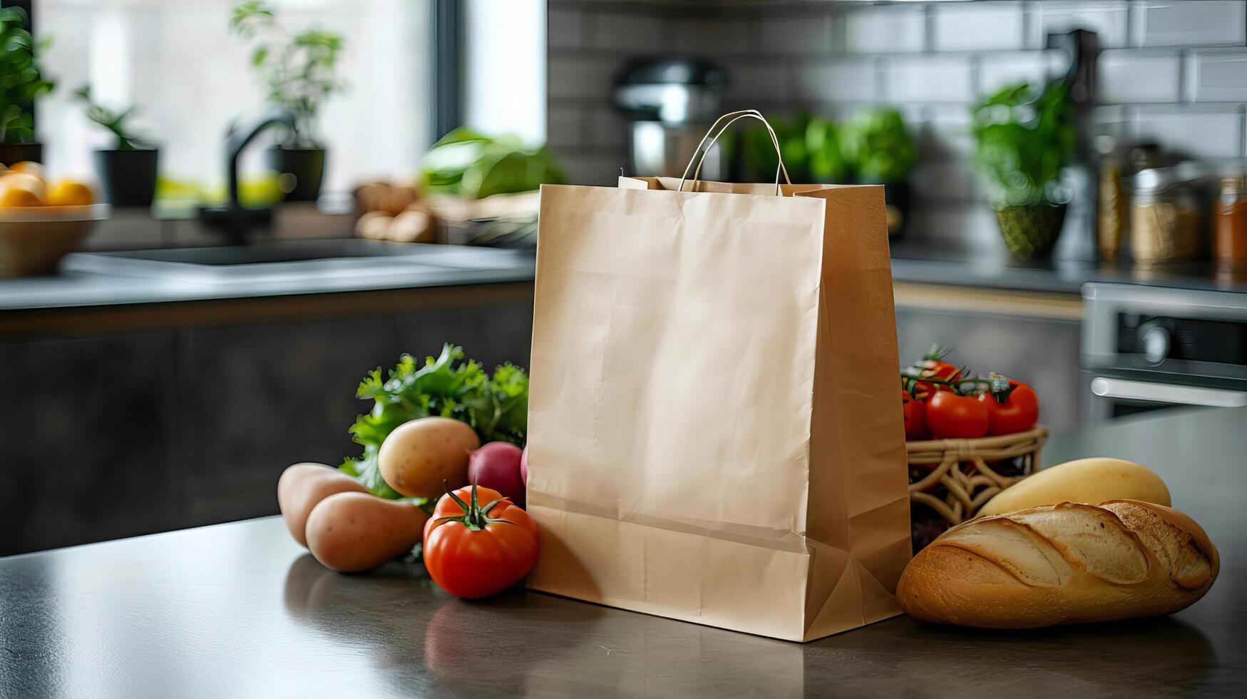 A plain paper bag on a kitchen counter with fresh groceries around, ready for branding designs photo