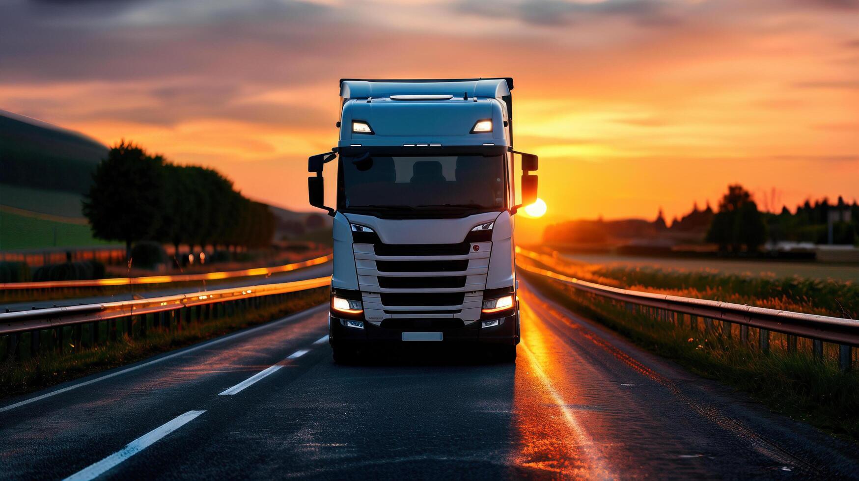 A stunning sunset view of a white truck on an open road, capturing the essence of transportation and adventure. photo