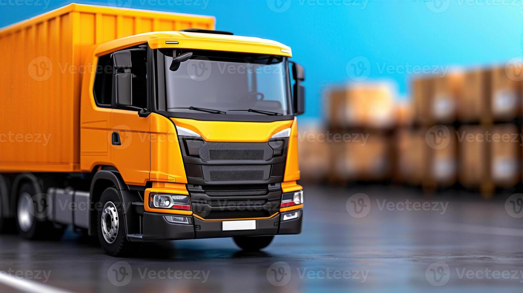 A bright yellow cargo truck parked in a warehouse, ready for delivery amidst stacked boxes, symbolizing logistics and transportation. photo
