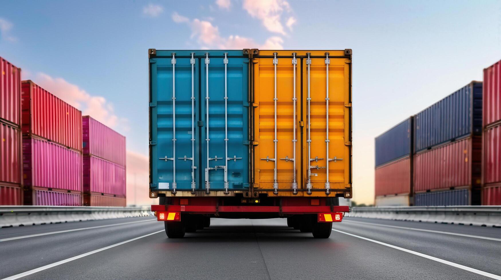 Colorful shipping containers on a truck, transporting goods along a vibrant road under a beautiful sky. photo
