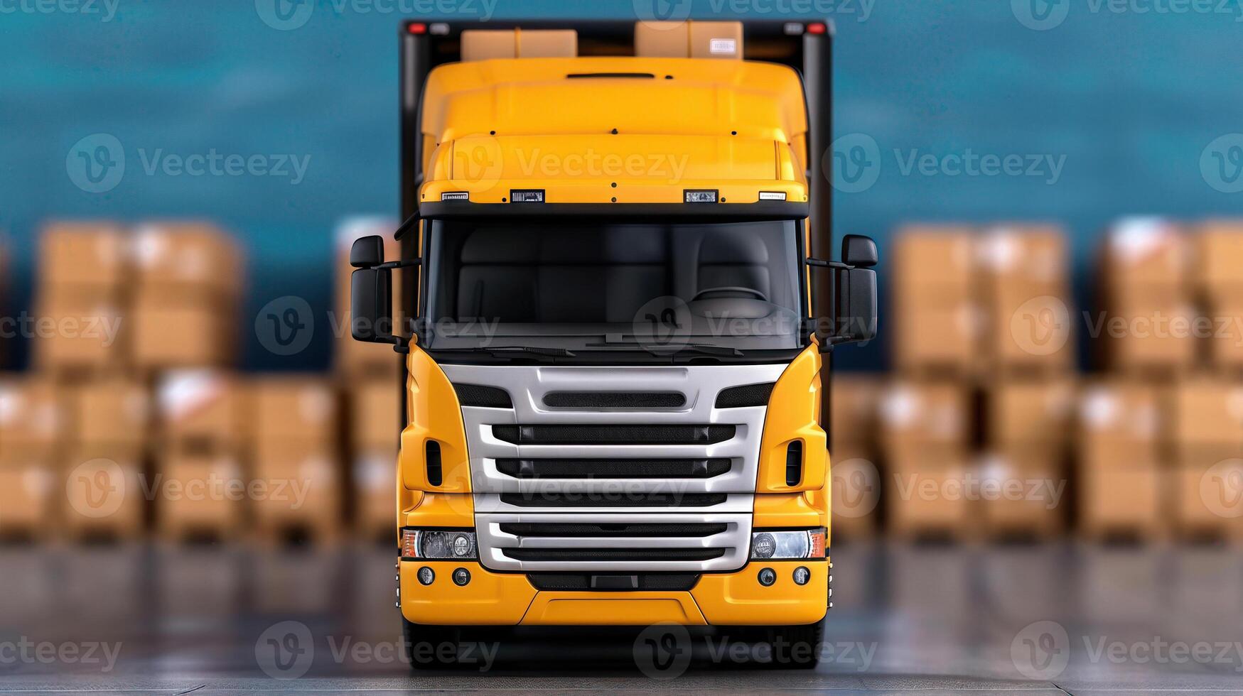 A vibrant yellow delivery truck parked in a warehouse, surrounded by stacked boxes, ready for shipment and logistics operations. photo