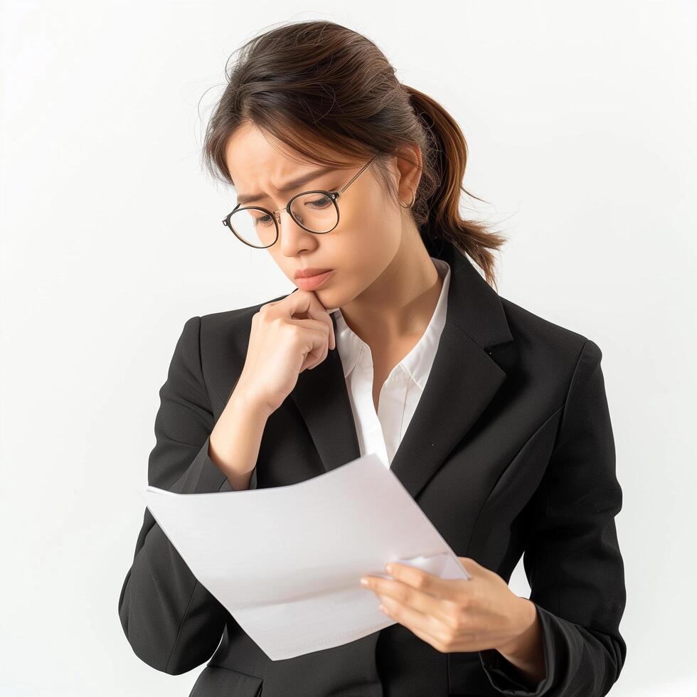 Young Office Woman Getting Confused by Paperwork photo