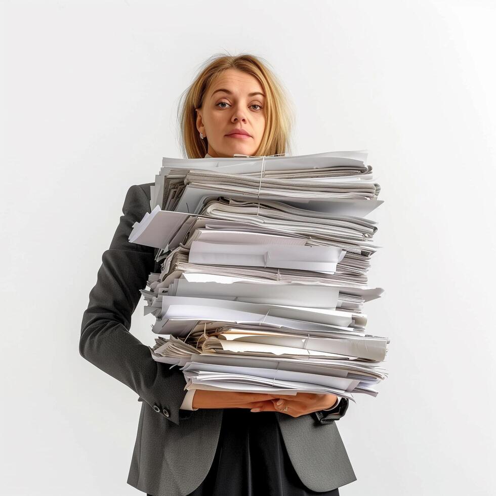 Exhausted Office Lady Carrying Huge Stack of Document photo