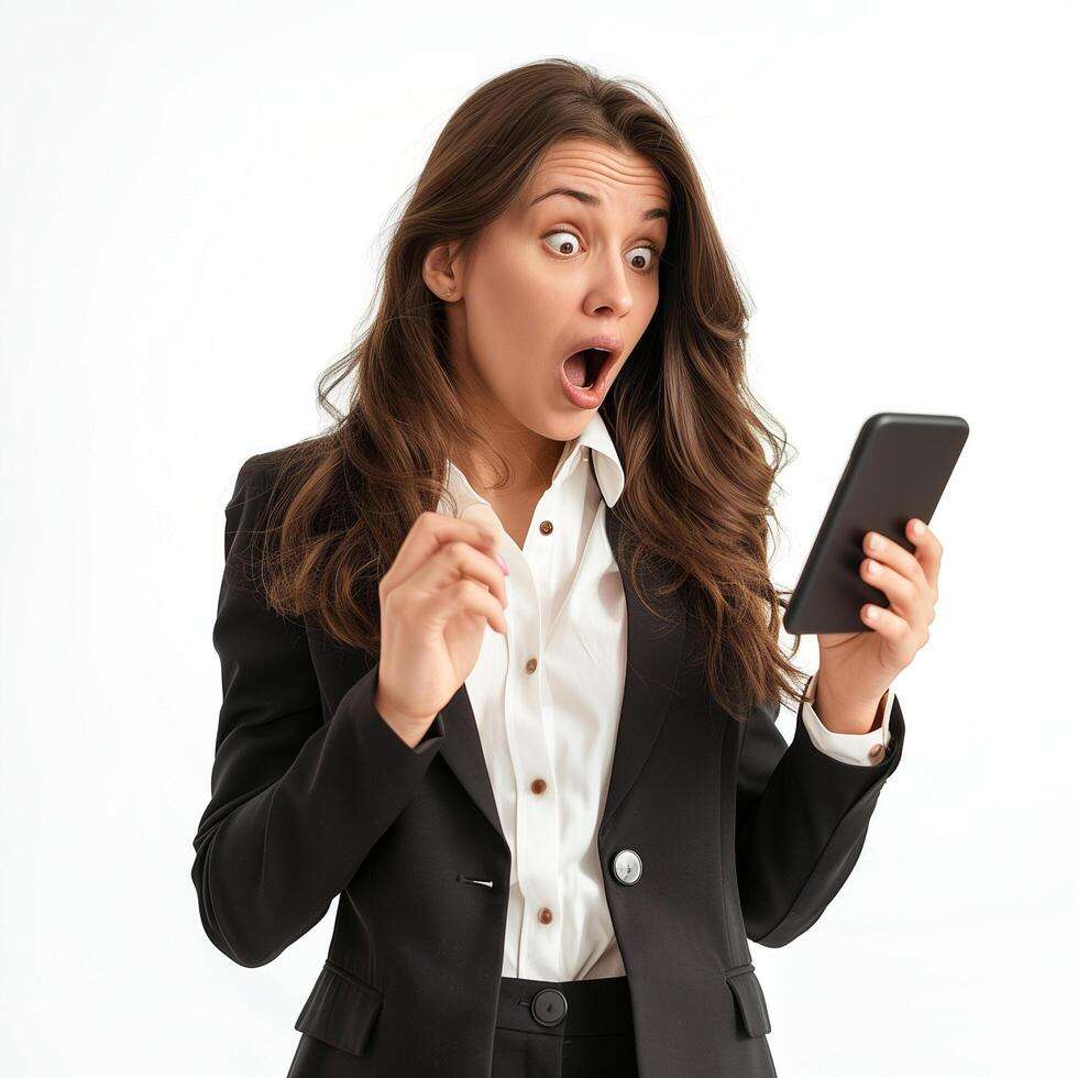 Office Lady Shocked After Looking at Her Phone photo