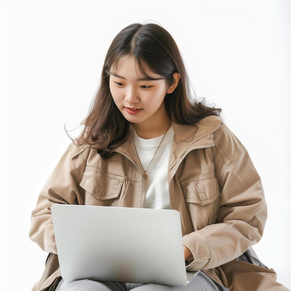 Asian Female College Student Studying with Her Laptop photo
