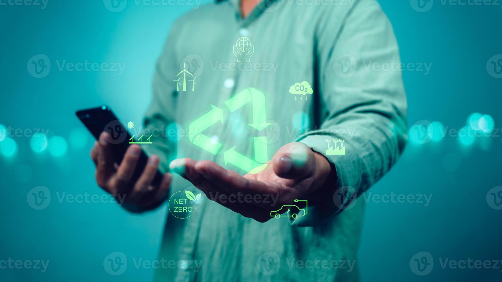 Circular economy concept for environmental sustainability, Human is holding a recycling symbol representing reuse and saving natural resources in the future, Bio Circular Green Economy concept. photo