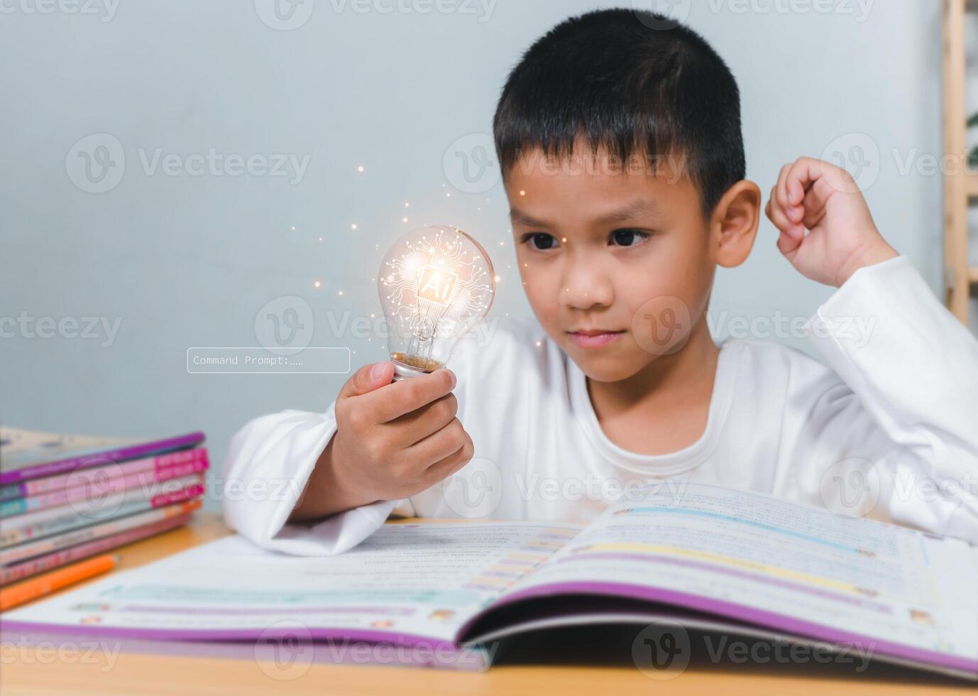 Boy holding a bright light bulb to represent new creativity, Education concept, Smart kid against green blackboard, Idea and creativity concept, Copy space for your text. photo