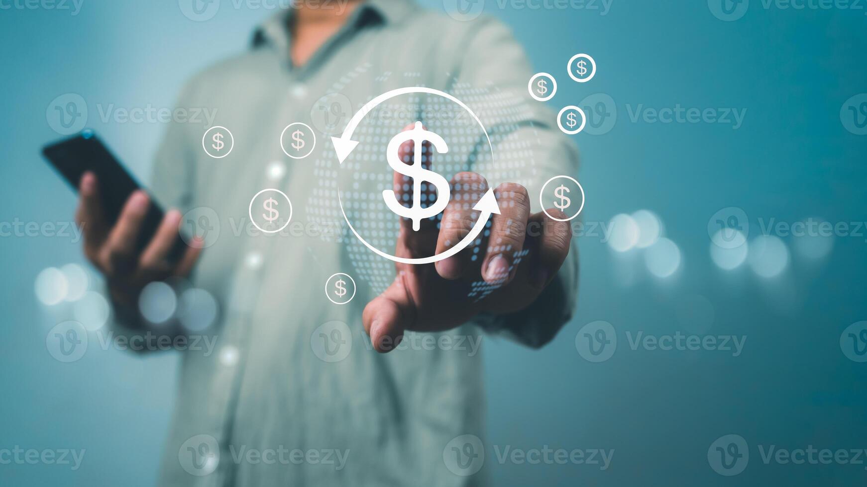 Man holding smartphone with virtual world map and up and down arrows, Global business and Global currency exchange concept, money, finance, Exchange bank rate and dollar international global concept. photo