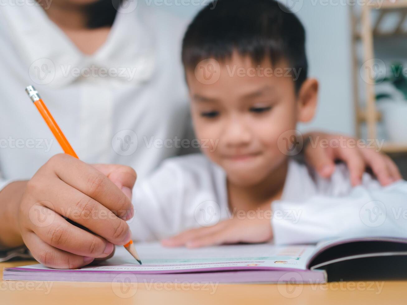 Teacher or mother helping boy writing lesson and learning to write, Education home school concept, Female tutor helping little elementary school boy with homework during individual lesson at home photo