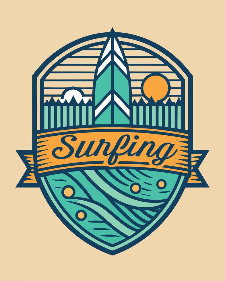 Monoline logo sea with surfing board vintage style for your logo community or business vector