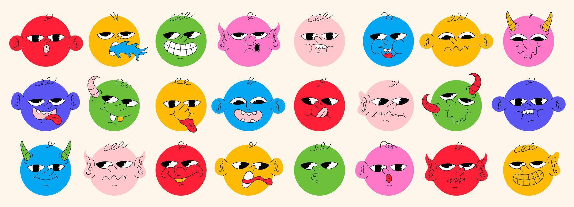 Round Abstract Comic Faces with Different Emotions. Various colorful characters. Flat design. Set of emoticons. vector