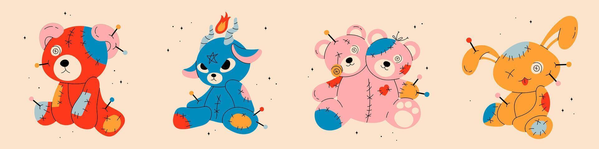 Set of Voodoo dolls with needles, pins, patches. Cute funny creatures. Flat style character. Hand drawn illustration. Isolated design elements. Rag, textile, fabric toy. Icon, print template vector
