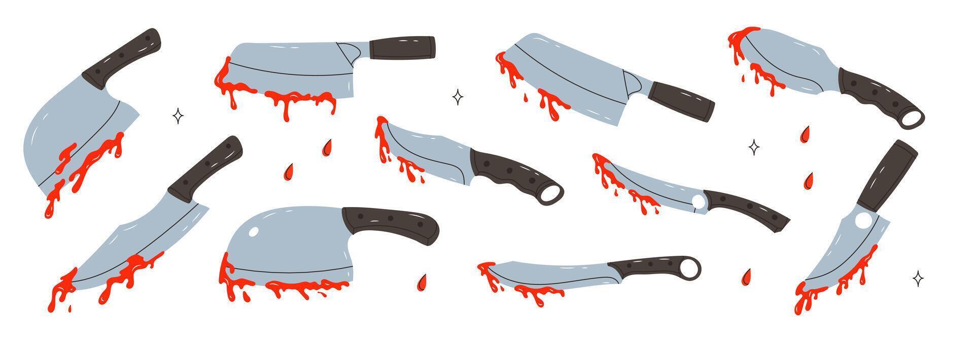 Set bloody knifes. Murder weapon with red blood stains. Criminal illustration. Clipart image isolated on white background vector