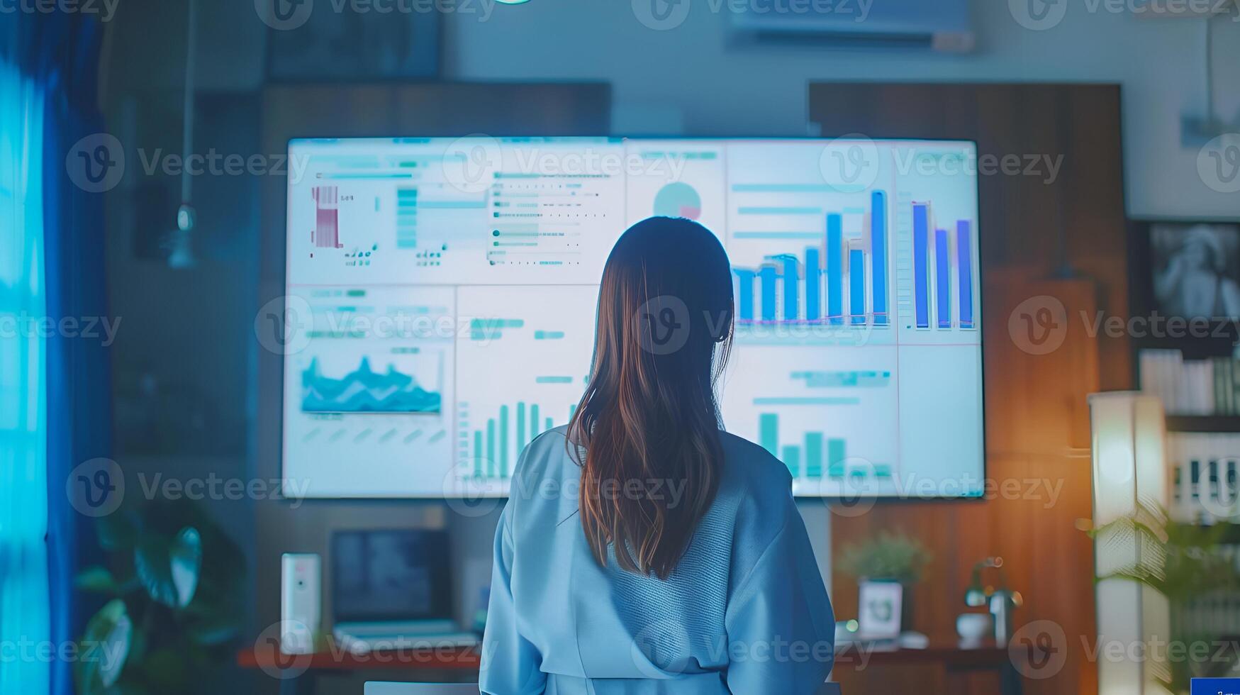 Businesswoman Analyzing Data on Large Screen, Data analysis, large screen, businesswoman photo