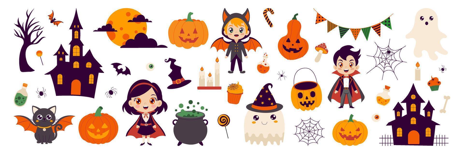 A Halloween themed image featuring a variety of characters and objects such as witches, ghosts, pumpkins, and a castle vector