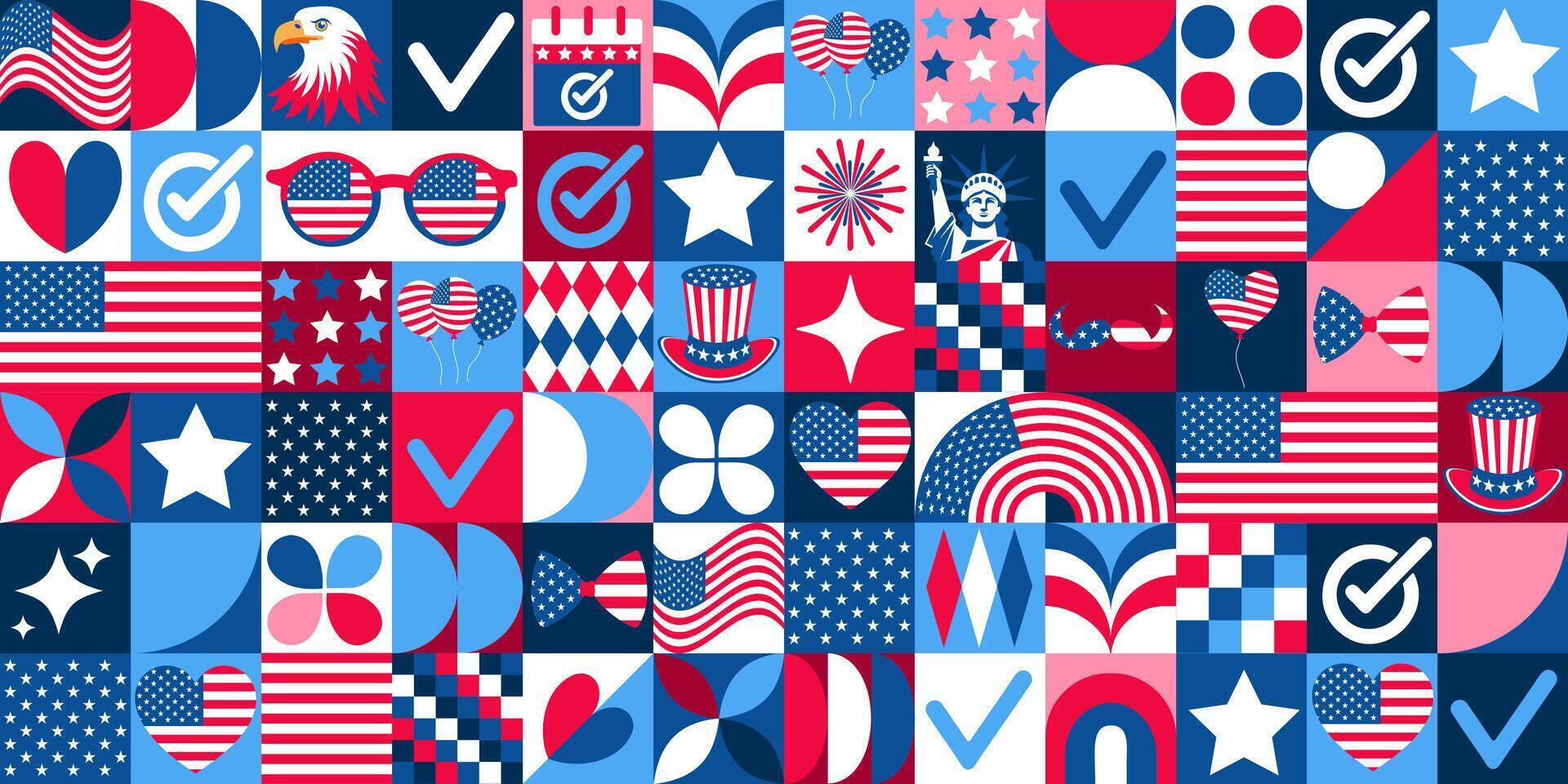 Presidential election 2024 icons elements with geometric pattern. Design for poster, card, wallpaper, poster, banner, packaging vector