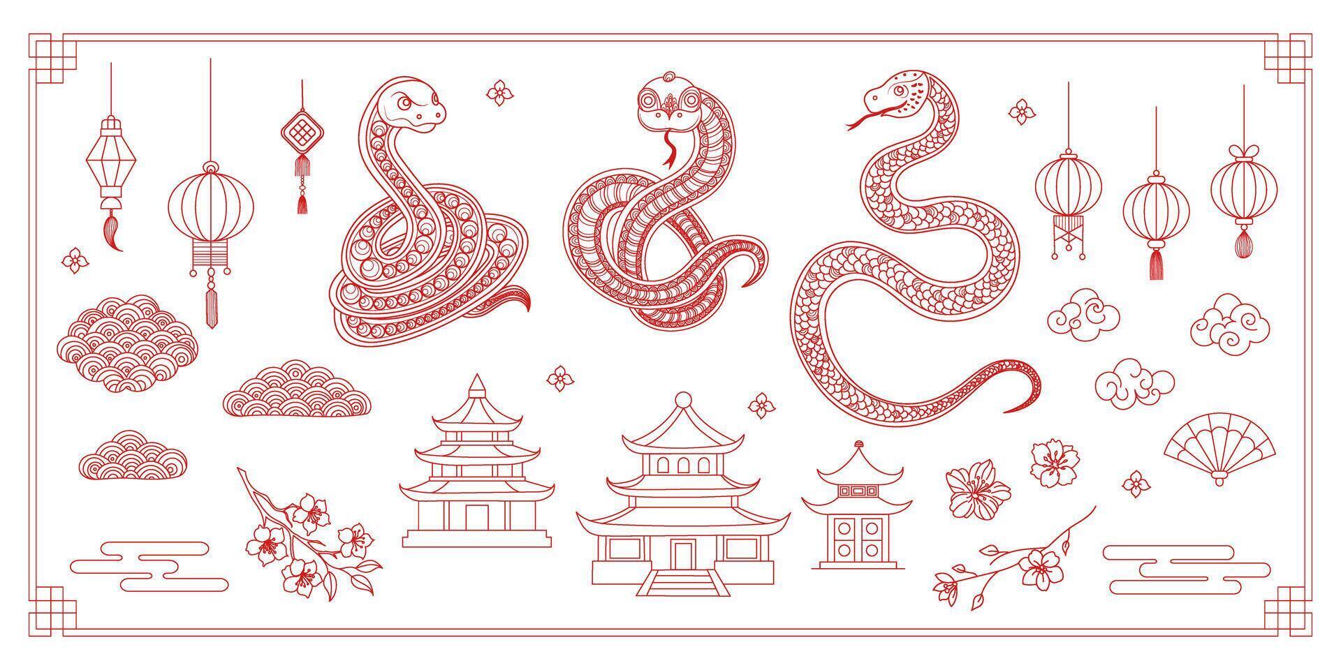 Lunar Chinese New Year gold icons set. A red background with a snake, flower, clouds, lantern vector