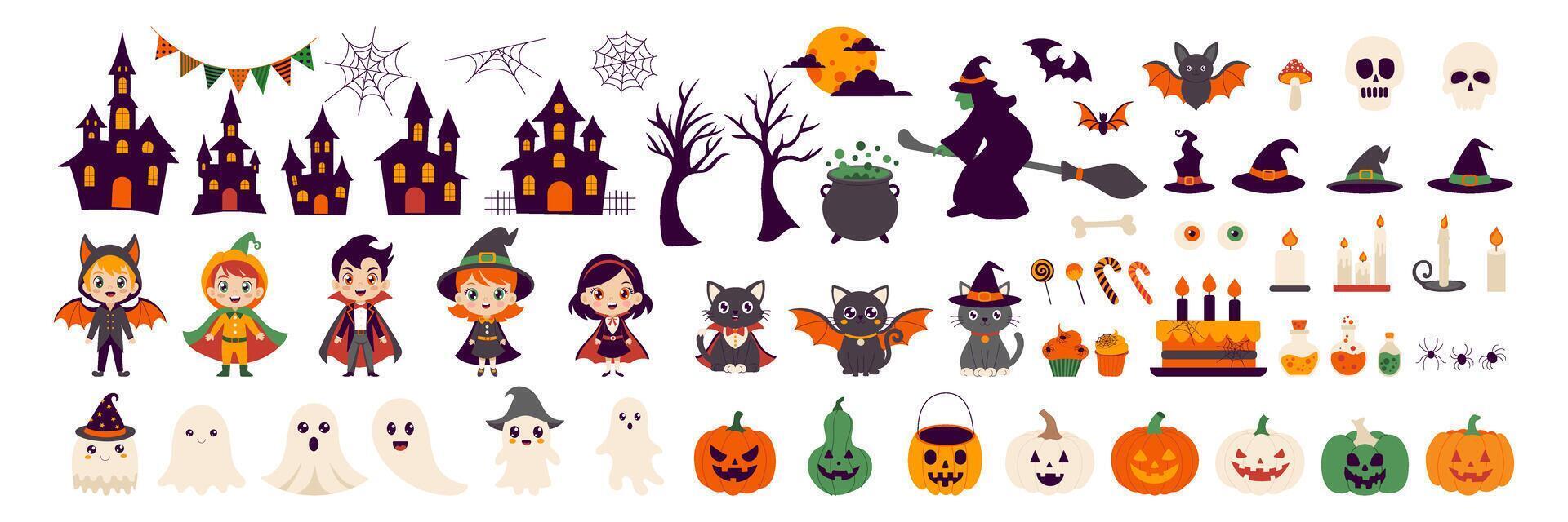 Halloween themed characters and objects. The image is a collection of Halloween characters and objects, including witches, ghosts, pumpkins, and other spooky items. Scene is festive and playful vector