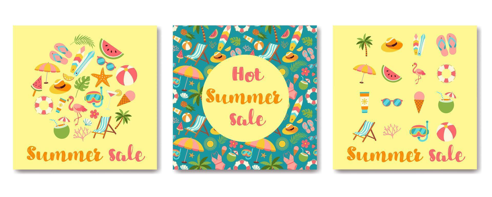 Three summer sale posters with a tropical theme. The posters feature a variety of beach and pool accessories, such as umbrellas, chairs, and sunglasses vector