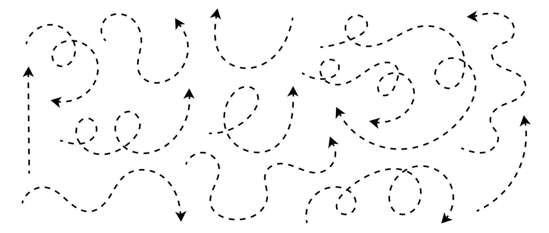 Set of curved dotted arrow. Zigzag arrow stripes in doodle outline style. Wavy line trip on isolated style vector