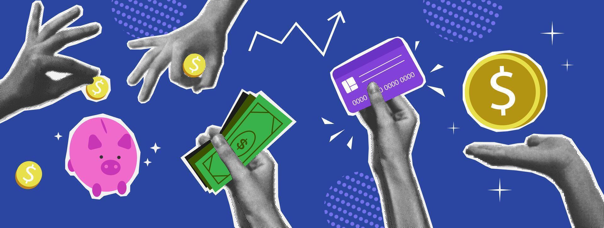 Abstract background with halftone hand hold dollar money, credit card, piggy bank. Finance concept in trendy collage style vector