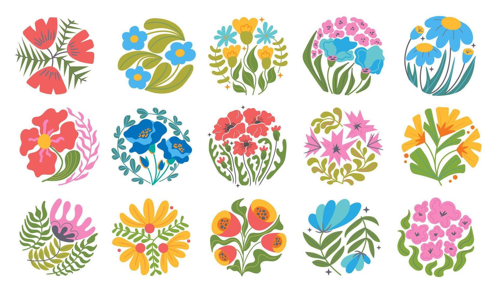 Groovy abstract flower set. Organic botanic floral circle shapes in trendy naive retro hippie 60s 70s style. Floral poster. vector