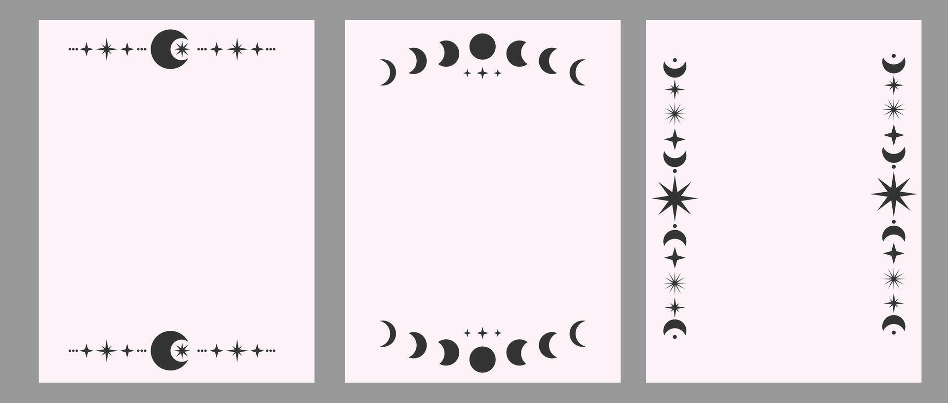 Set of vertical poster mystic magic moon line. Crescent black moons and stars dividers. Background with astrology ornament. vector