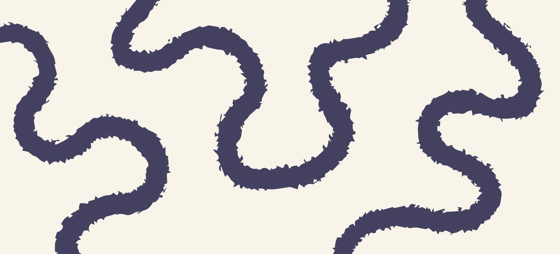 Abstract textured minimalistic background with black wavy line. Backdrop with organic curvy curly stripe. Wave line art vector
