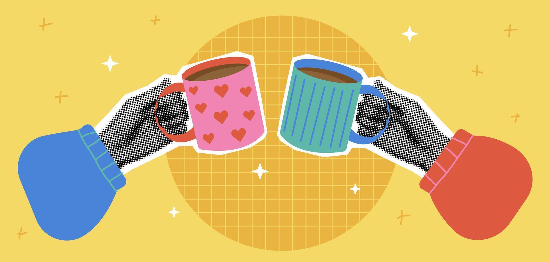 Background with halftone hand hold cup of tea. Banner with hot drink. Hands holding reusable mug in trendy style vector