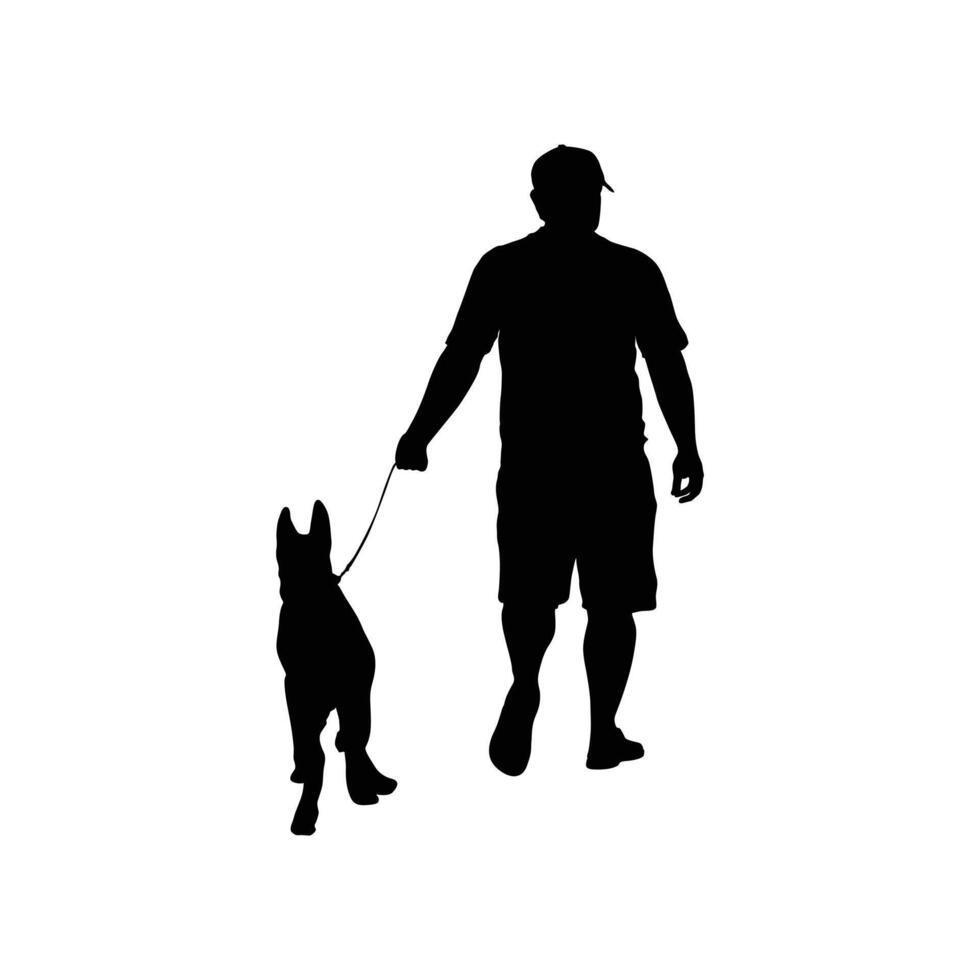 a man with a dog walking in the sea beach. silhouette art. vector