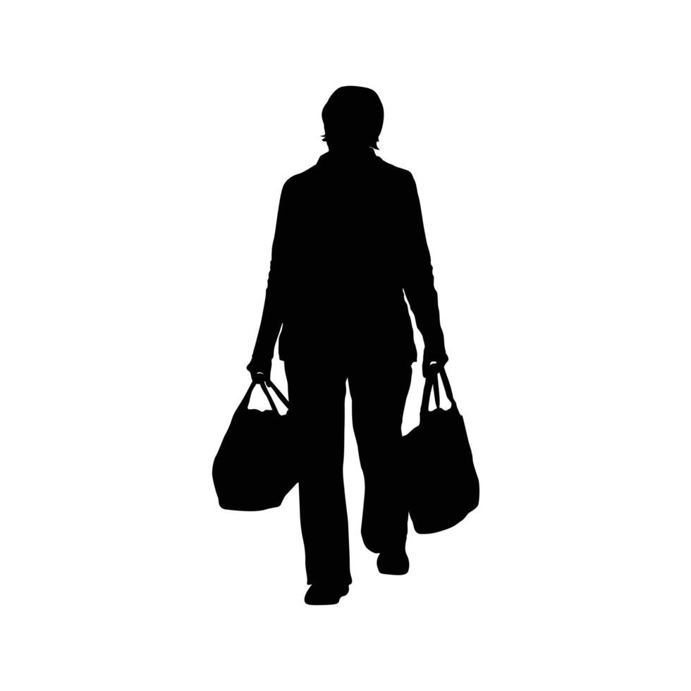 a woman is walking with shopping bags in hand, silhouette illustration vector