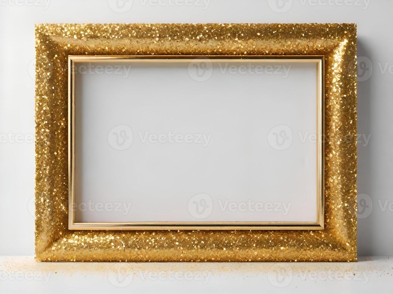 Empty gold frame, golden glitter on white background, copy space, banner or title. photo