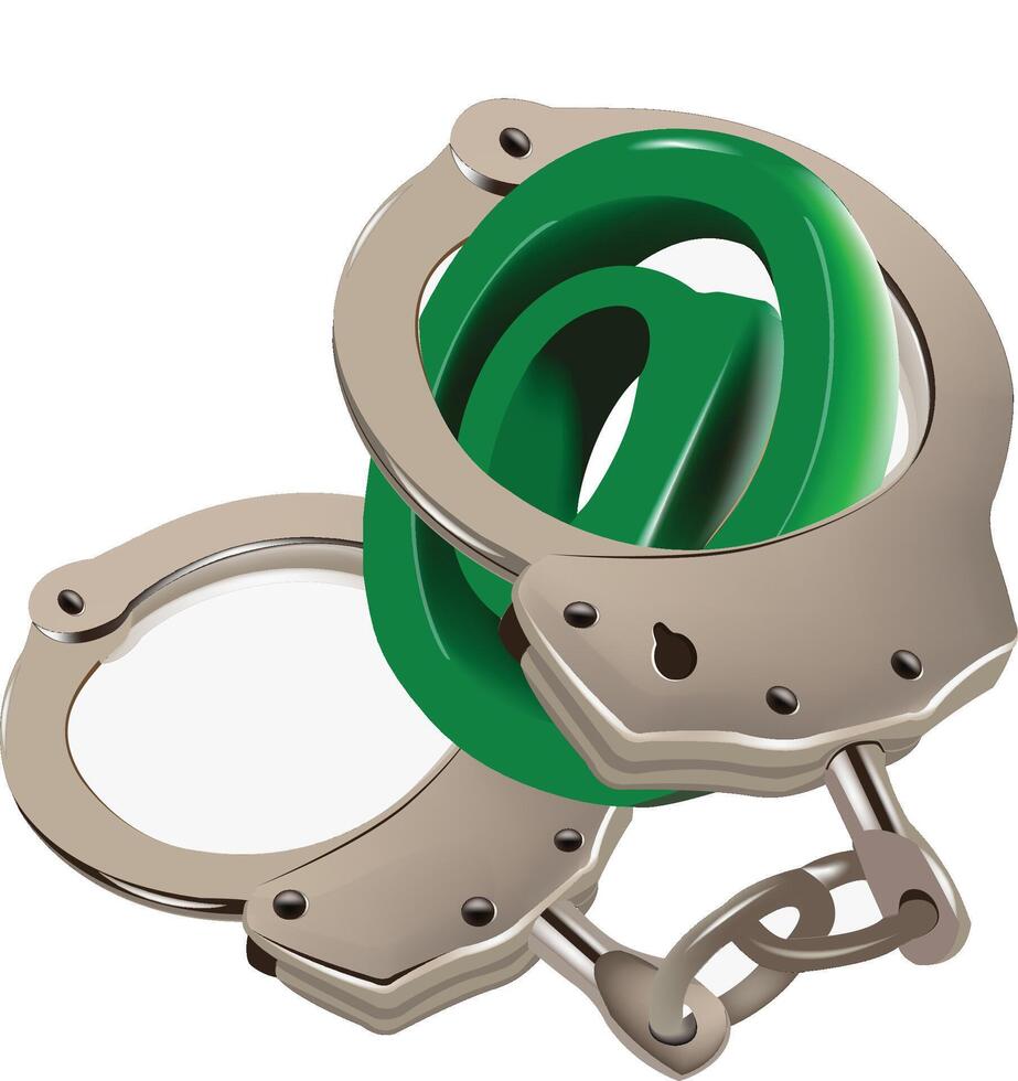 Pair of handcuffs restraining green at symbol for internet censorship vector