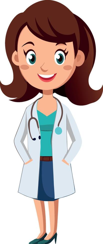 Smiling female doctor wearing lab coat standing with hands in pockets vector