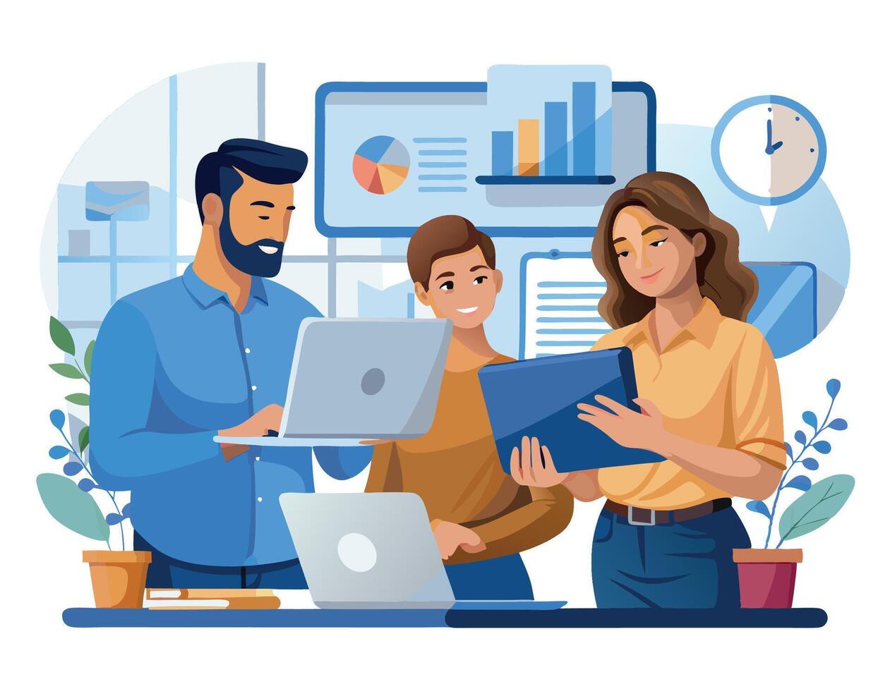 Business team collaborating on laptop, diverse group working together vector