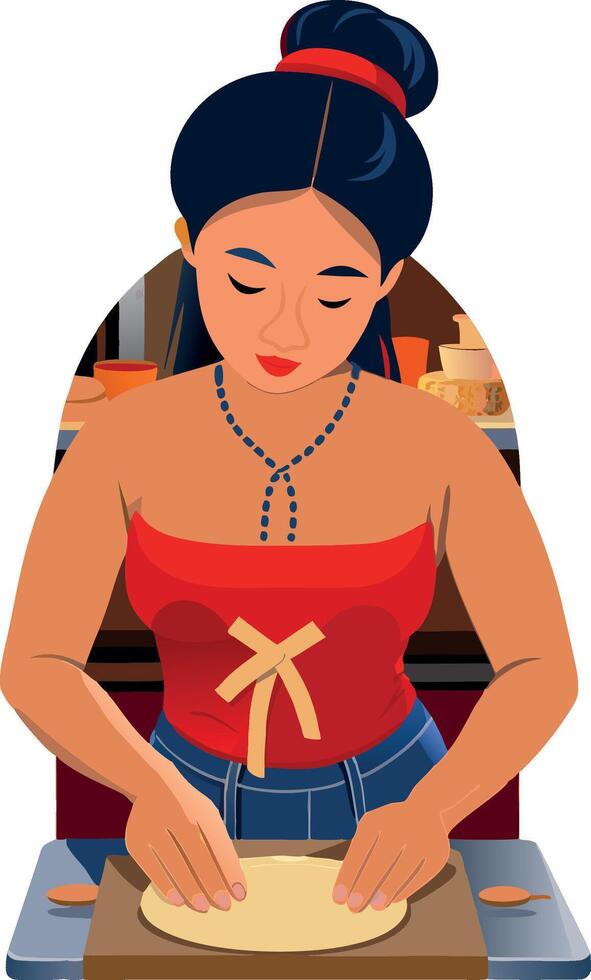 Woman working dough in rustic kitchen making pizza or flatbread vector