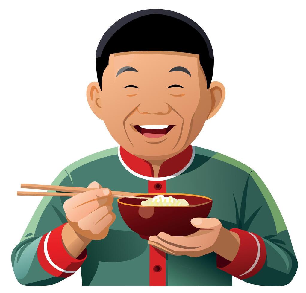 Happy asian man eating rice with chopsticks vector