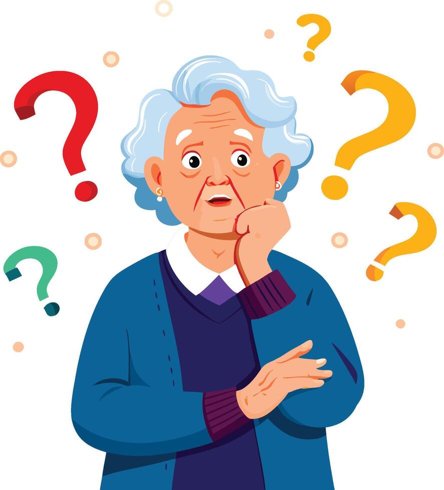 Old woman thinking and having many questions with question marks around her head vector