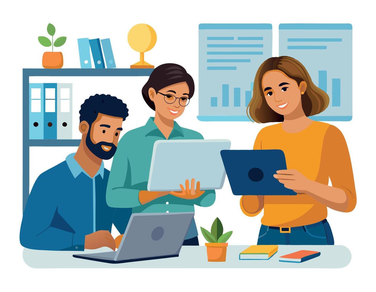 Business team collaborating on laptop, diverse group working together vector